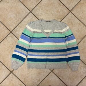 LOFT Gray Blue Green Striped Sweater Sz Petite L Soft Cozy V Neck